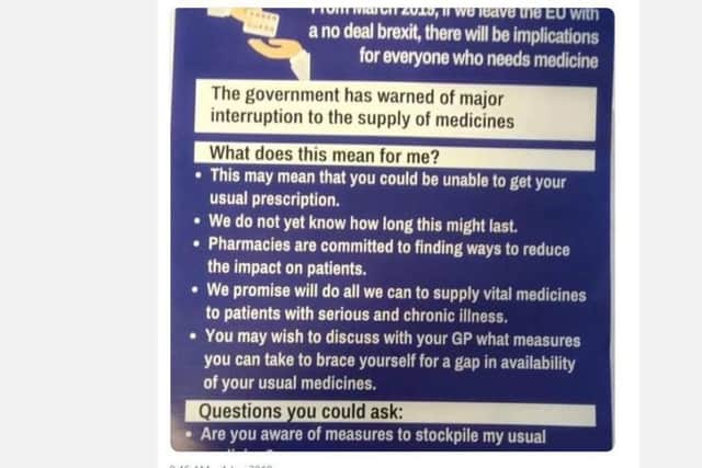 The fake flyer warning people about medicine supplies failing which has been shared thousands of times on social media