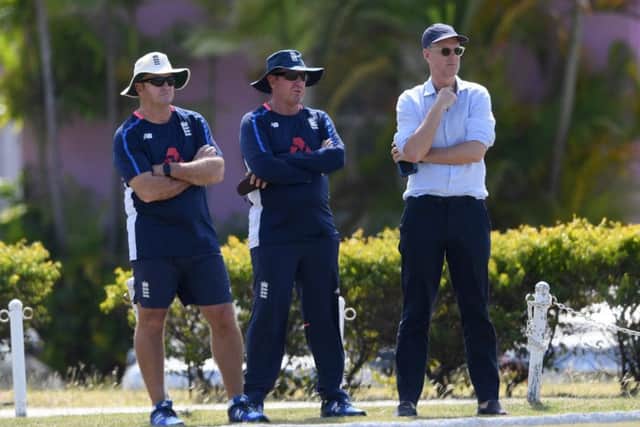 WATCHING BRIEF: England assistant coach Paul Farbrace, head coach Trevor Bayliss and chairman of selectors Ed Smith, far right, look on in Bridgetown. Picture: Shaun Botterill/Getty Images.