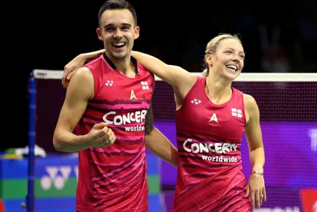 Chris and Gabby Adcock celebrate winning their mixed doubles quarter final match at the 2017 World Championships in Glasgow. Picture: Jane Barlow/PA