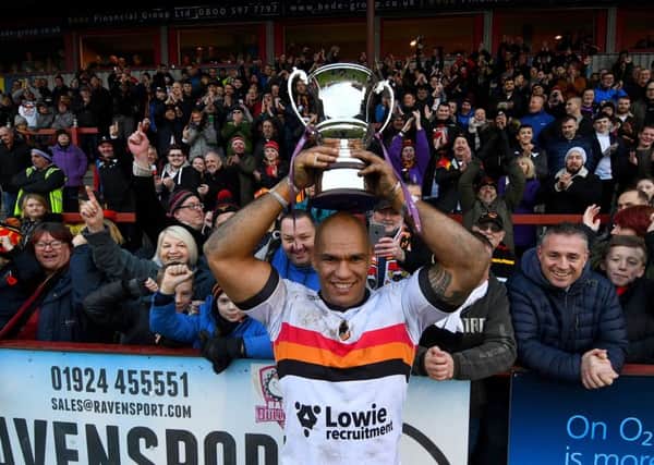 Jake Webster, of Bradford Bulls, celebrating their win in front of the travelling fans.