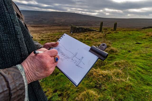 Date:10th January 2019.
Picture James Hardisty.
YP-Magazine.
Yorkshire artist Ashley Jackson, of Holmfirth, near Huddersfield. Pictured Ashley, working on moorland above Holmfirth, close to the ruins of the former Isle of Skye Hotel a former inn on the Greenfield Road sited near the junction with Wessenden Head Road, The Isle of Skye is the local name given to an area at the head of the Wessenden Valley situated at a height of around 1,500 feet above sea level.