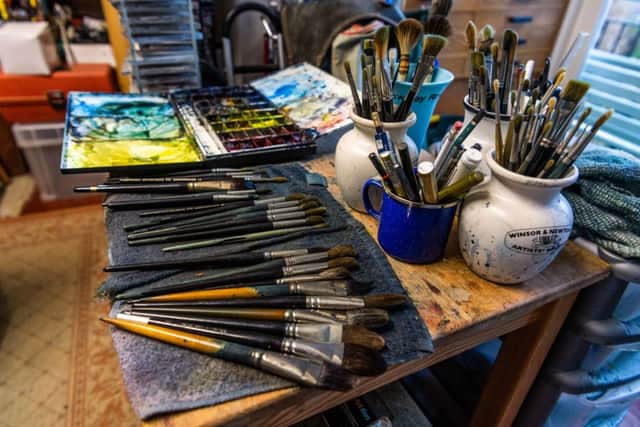 Date:10th January 2019.
Picture James Hardisty.
YP-Magazine.
Yorkshire artist Ashley Jackson, of Holmfirth, near Huddersfield. Pictured Ashley, working in his studio.
