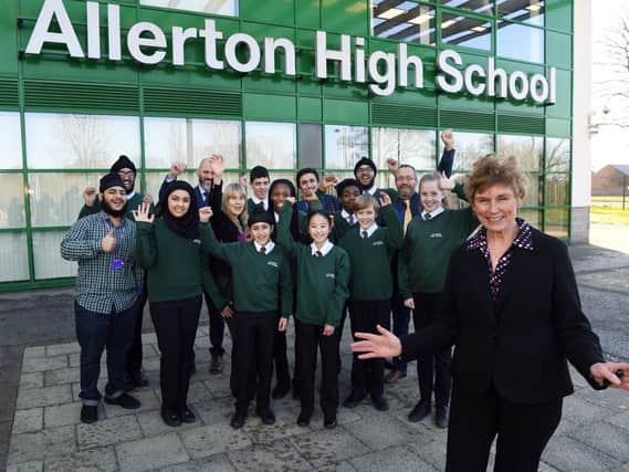 DELIGHTED: Allerton High School headteacher Elaine Silson pictured with staff and pupils.