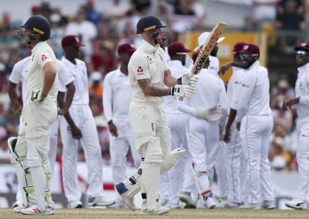 England's Ben Stokes leaves the pitch after his dismissal during. Picture: AP/Ricardo Mazalan.