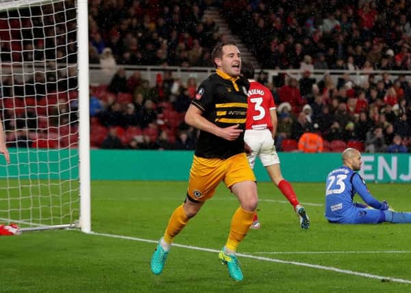 EQUALISER: Newport Countys Matthew Dolan celebrates scoring in the FA Cup fourth round match at Middlesbrough.