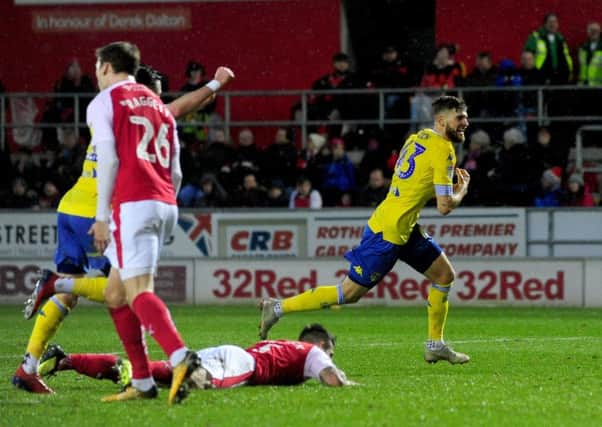 TOP MAN: Leeds United's Mateusz Klich scores the winning goal at Rotherham. Picture: Simon Hulme