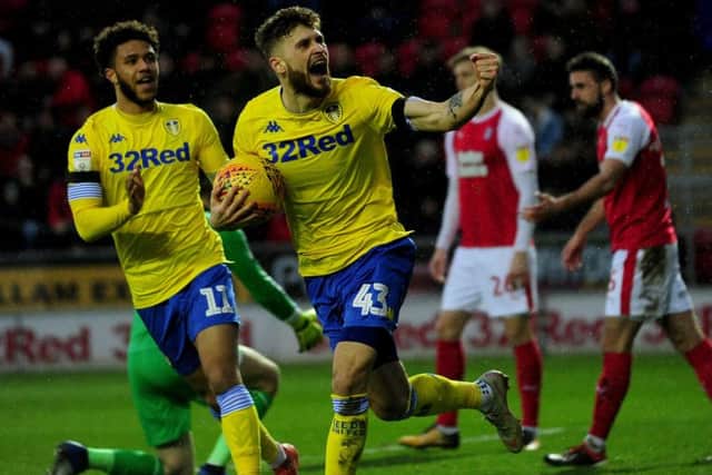 Mateusz Klich celebrates after scoring the first of his two goals that saw Leeds United win at Rotherham United (Picture: Simon Hulme).