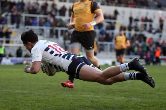 OVER YOU GO: Jade Te Rure scores Carnegie's first try at headingley against Ealing. Picture: Varleys.