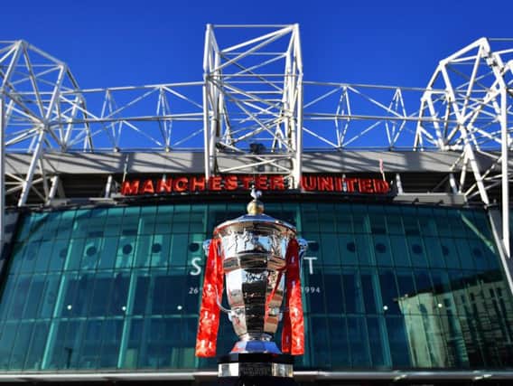 The Paul Barriere Trophy outside Old Trafford where the 2021 World Cup final will be held.