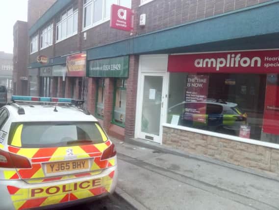 Police at scene of burglary  at Amplifon in Wakefield city centre
