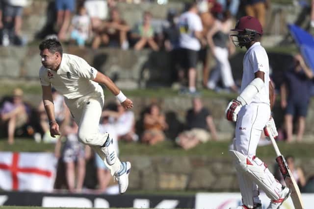England's James Anderson races in to bowl in Antigua. Picture: AP/Ricardo Mazalan