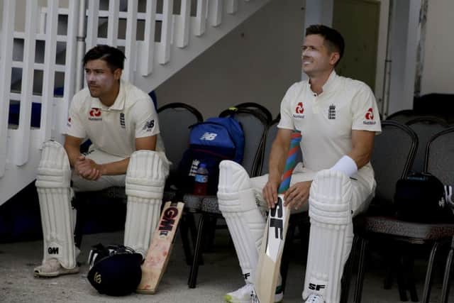 OPENING UP: English batsmen Rory Burns, left, and Joe Denly prior to the start of day one in Antigua. Picture: AP/Ricardo Mazalan
