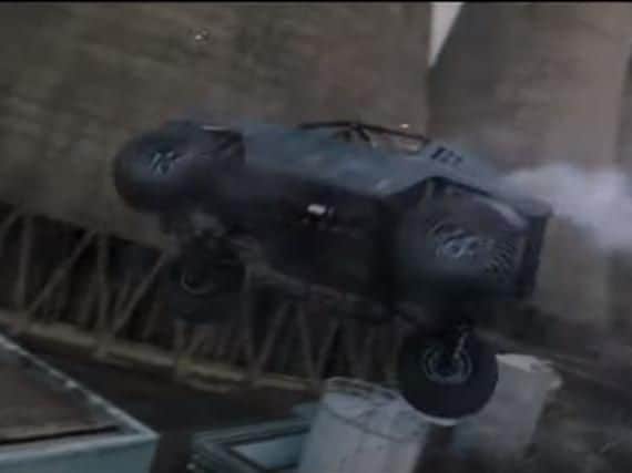 A still from the trailer shows a stunt scene with the Eggborough cooling towers in the background