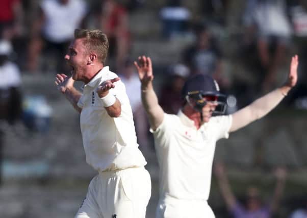 England's Stuart Broad appeals unsuccessfully for the wicket of West Indies' John Campbell (Picture: Ricardo Mazalan/AP).