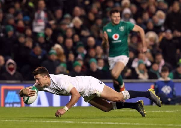 England's Henry Slade scores his side's fourth try.