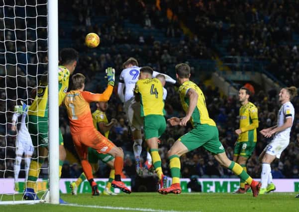 Too little, too late: Patrick Bamford heads home for
Leeds United against Norwich.   Picture: Bruce Rollinson