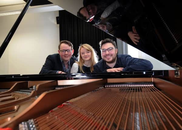 Researchers from the University of Sheffield, have uncovered lost songs from Broadway musicals. Pictured from the left are Dr Dominic McHugh, Debra Finch and Joshua Goodman