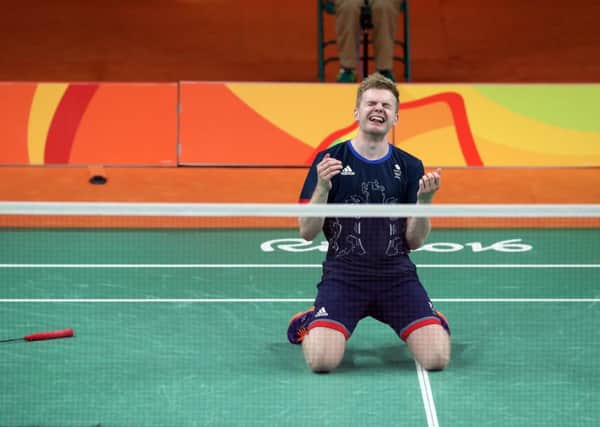 GOLDEN MOMENT: Marcus Ellis reacts following victory in the men's doubles bronze medal match in Rio back in 2016. Picture: Owen Humphreys/PA