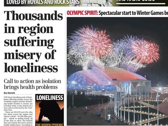 The front page of the Yorkshire Post launching the Loneliness: The Hidden Epidemic campaign in February 2018