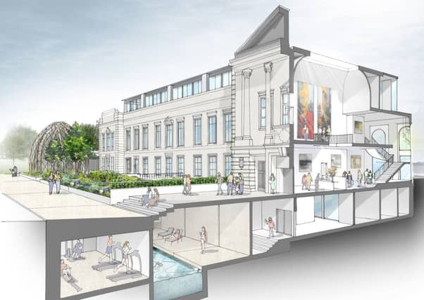 An architect's drawing of the proposed Crescent Gardens development featuring the spa and art gallery.