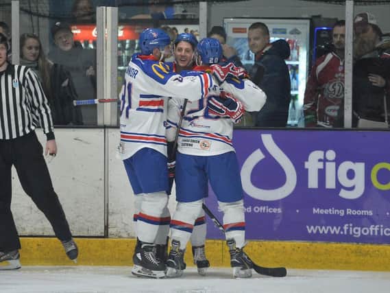 Ben Lake celebrates his goal on debut for Great Britain against Dinamo Riga. Picture: Dean Woolley.
