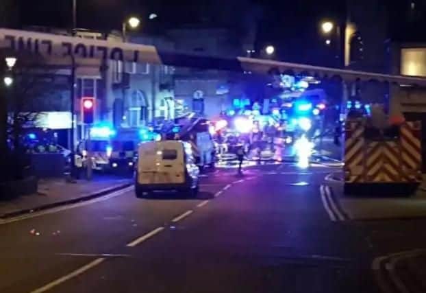 A huge police and fire cordon is in place in Batley after the gas explosion. Photo: Baz Bunn