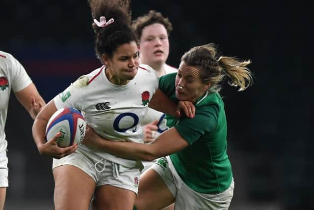 Tatyana Heard of England is tackled by Jeamie Deacon of Ireland during the Women's Quilter International match between England Women and Ireland Women at Twickenham Stadium on November 24, 2018. (Picture: Shaun Botterill/Getty Images)