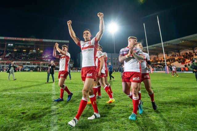 Hull KR celebrate with their fans after beating Hull FC. Picture: Allan McKenzie/SWpix.com