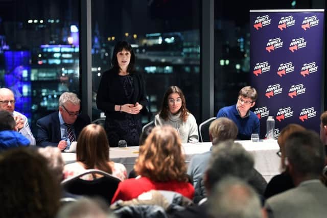 Rachel Reeves MP speaks in Leeds on a second Brexit referendum. The panel from left to right is Richard Wilson, Leeds for Europe, Bill Adams, TUC, Rachel Reeves MP, Ellie James, Four Our Future's Sake and Andy Evans, owner of small business Xactium.