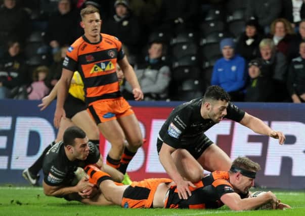 Castleford Tigers' Michael Shenton scores a try during the Super League match against Hull FC at the KCOM Stadium (Picture: Richard Sellers/PA Wire).