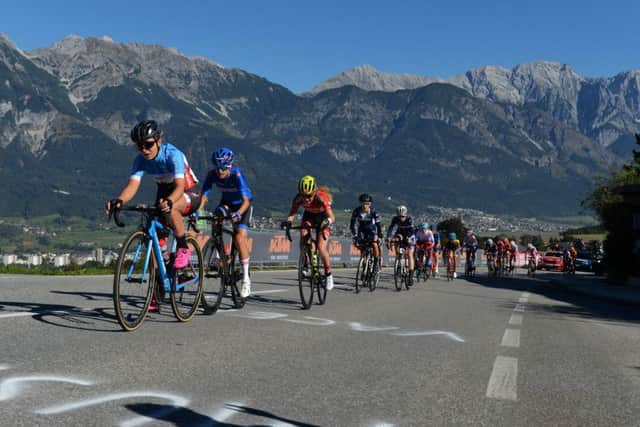 The Junior Womens Road Race climbs up through Aldrans above Innsbruck during the 2018 UCI Road World Championships. (Picture: Bruce Rollinson)