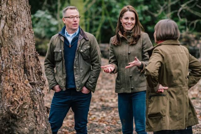 The Duchess of Cambridge with Andree Davies (right) and Adam White (left), of Davies White Landscape Architect, discussing plans for her "Back To Nature" garde. PIC: Kensington Palace/PA Wire
