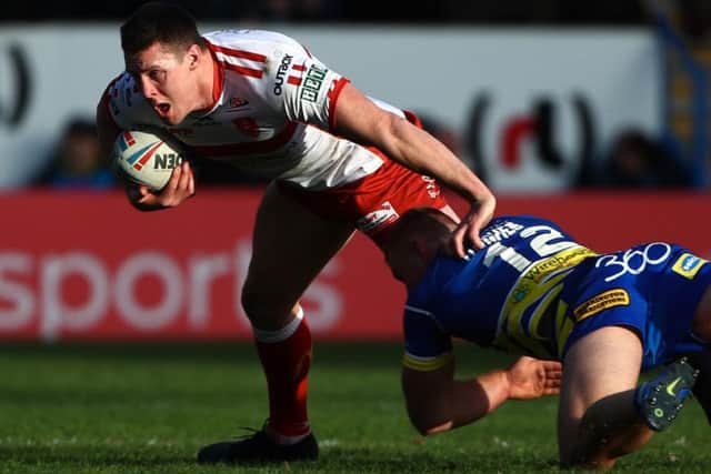 Hull KR's Joel Tomkins in action against Warrington Wolves today before suffering a serious concussion. (SWPix)