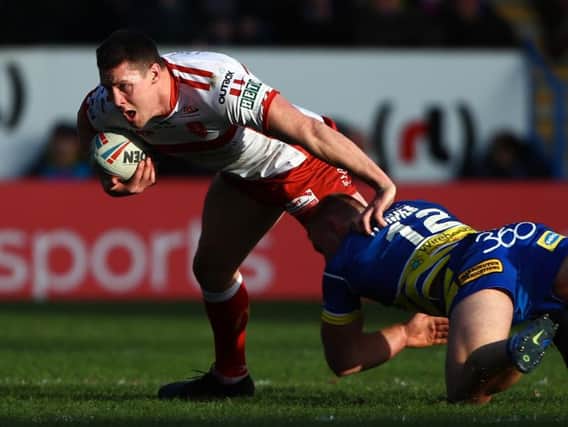 Hull KR's Joel Tomkins in action against Warrington Wolves today before suffering a serious concussion. (SWPix)