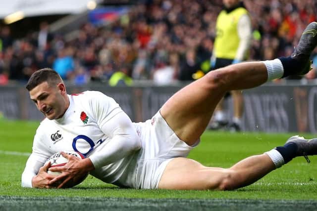 England winger Jonny May touches down for his treble. (PIC: Gareth Fuller/PA Wire)