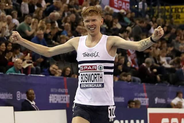 Tom Bosworth celebrates winning the Men's 5000m walk at the SPAR British Athletic Indoor Championships at Arena Birmingham. Picture: Simon Cooper/PA