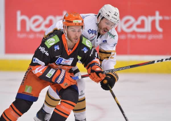 IN THE FIGHT: Sheffield Steelers' Ben O'Connor battles for possession against Nottingham on Saturday night. Picture: Dean Woolley.