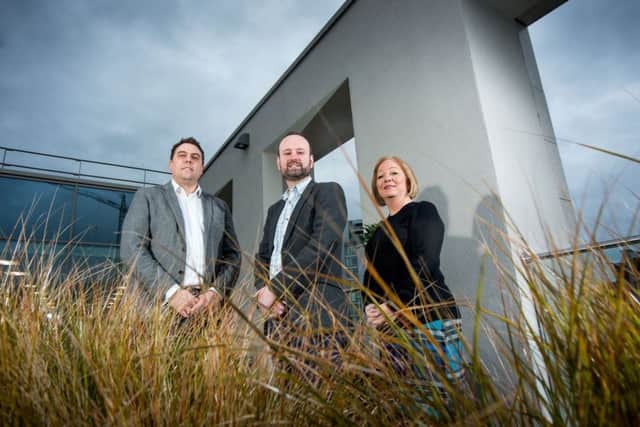 8 February 2019.Nathan Bilton, of Ward Hadaway, Leeds, centre, with Andrew Maeer and Melanie Stead from Optimal PBS recruitment agency.