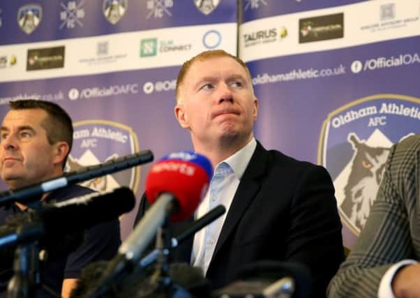 Newly unveiled Oldham Athletic manager Paul Scholes during a press conference at Boundary Park. Picture: Barrington Coombs/PA.