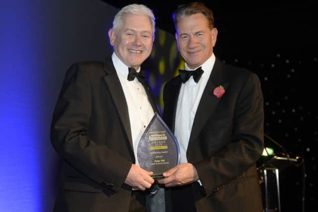 Leadership Award. Peter Hill of the Leeds Building Society with Michael Portillo.
Yorkshire Post Excellence in Business Awards 2016.  New Dock Hall.  4 November 2016.  Picture Bruce Rollinson
