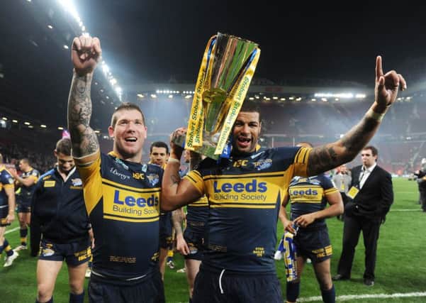 GOOD TIMES: Ryan Bailey, right, and Leeds Rhinos' team-mate Brett Delaney celebrate winning the 2012 Grand Final at Old Trafford against Warrington. Picture: Steve Riding.