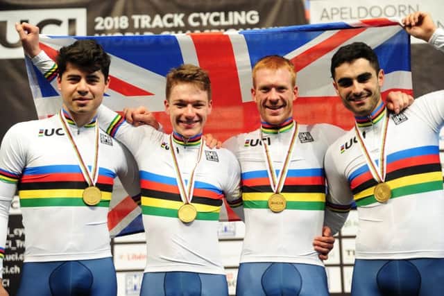 UCI 2018 Track Cycling World Championships. Apeldoorn The Netherlands -  Charlie Tanfield, Ed Clancy, Kian Emadi and Ethan Hayter of Great Britain in the team pursuit rainbow jersey (Picture: Simon Wilkinson/SWpix.com)