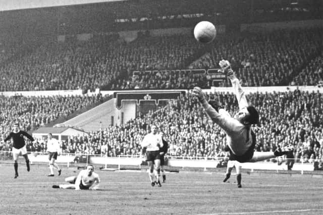 England goalkeeper Gordon Banks saves a shot from Scotland's Denis Law at Wembley in April 1967. Picture: Douglas Miller/Keystone/Getty Images)