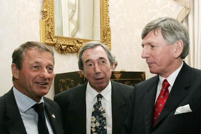 Gordon Banks, centre, meets up with former England team-mates Roger Hunt, left and Martin Peters at the 40th anniversary of their World Cup win at Wembley. Picture: SANG TAN/AFP/Getty Images)