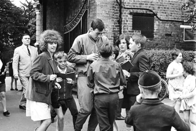 27th July 1966:  English footballer Gordon Banks signing autographs at Hendon.  (Photo by Robert Stiggins/Express/Getty Images)