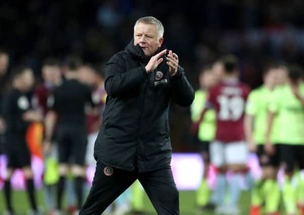 Sheffield United manager Chris Wilder applauds the fans after last Friday's 3-3 draw at Villa Park. Picture: Nick Potts/PA