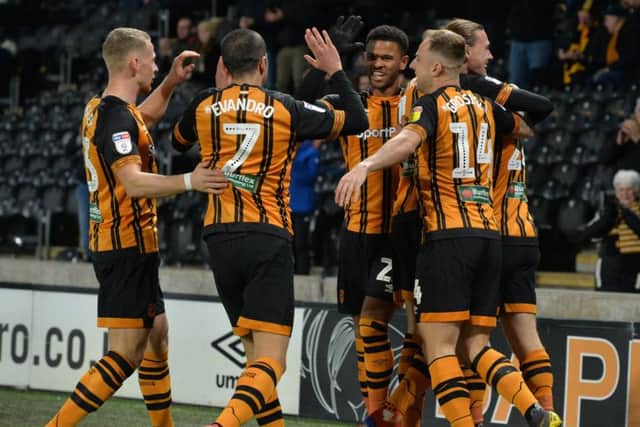 Jarrod Bowen and team-mates celebrate his opening goal for
Hull City against Rotherham United (Picture: Bruce Rollinson).