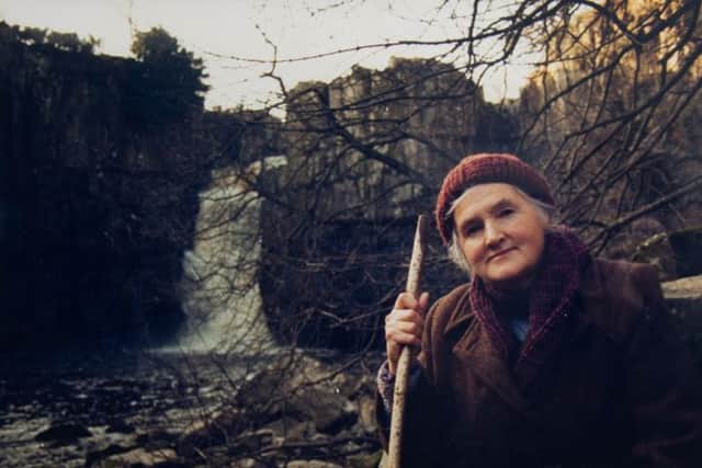 Hannah's executors have donated this photograph of her standing in front of High Force to The Bowes Museum. It is signed and dated by the cameraman who filmed her for Yorkshire TV.