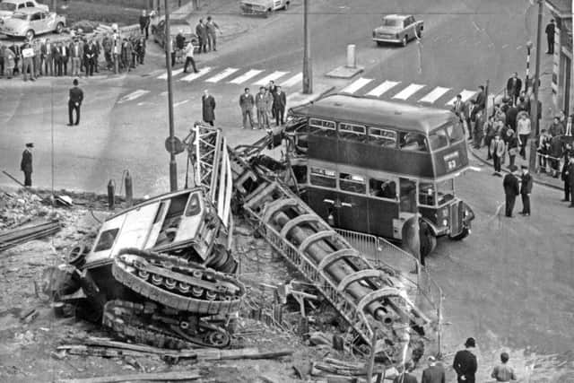 Leeds crane crashes into Leeds Corporation bus, May 1968.