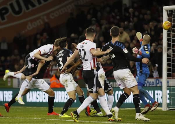 Get in: Richard Stearman heads the winner against Middlesbrough at Bramall Lane. Picture: Simon Bellis/Sportimage